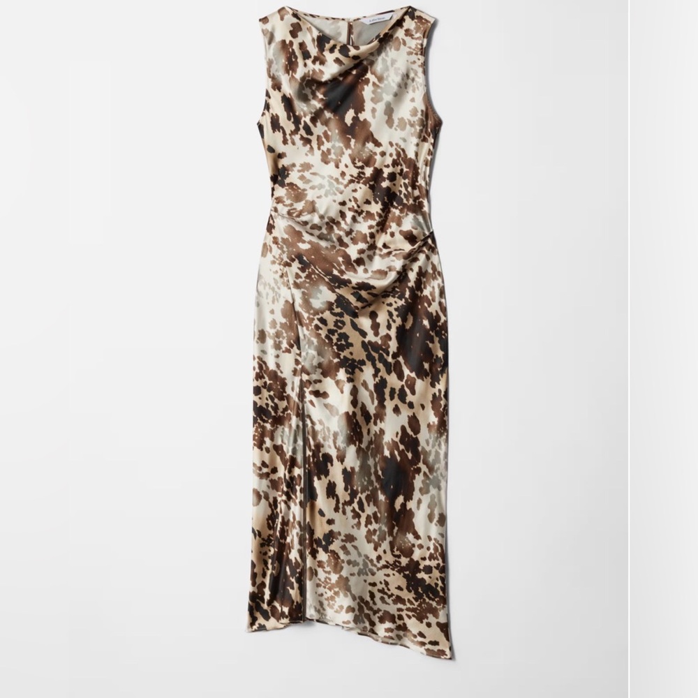 Sleeveless Brown Cowl-Neck Satin Slip Dress